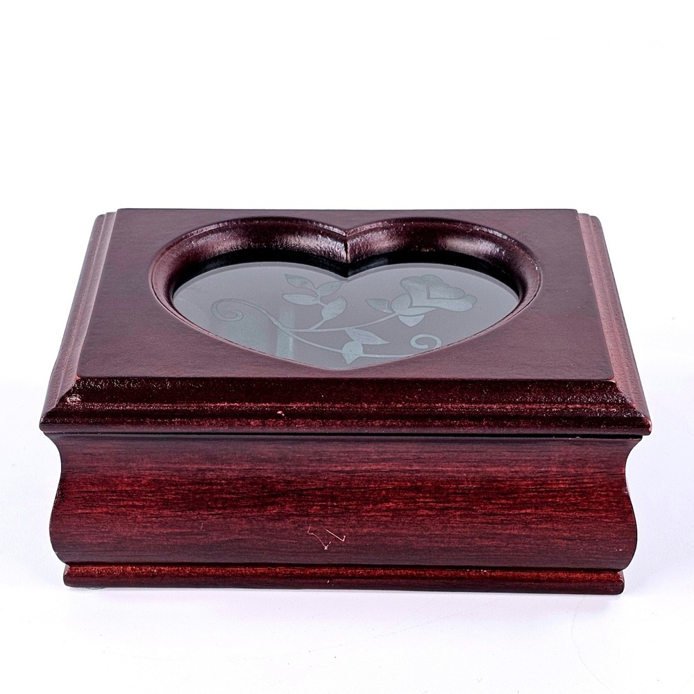Vintage Wooden Heart Rose Etched Glass Jewelry Box Mahogany Tone Christmas 2000
